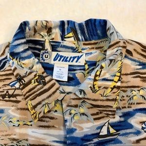 Hawaiian Luau Shirt Men Sz Medium Rayon‎ Utility Palm Trees Blue Luau Button-Up